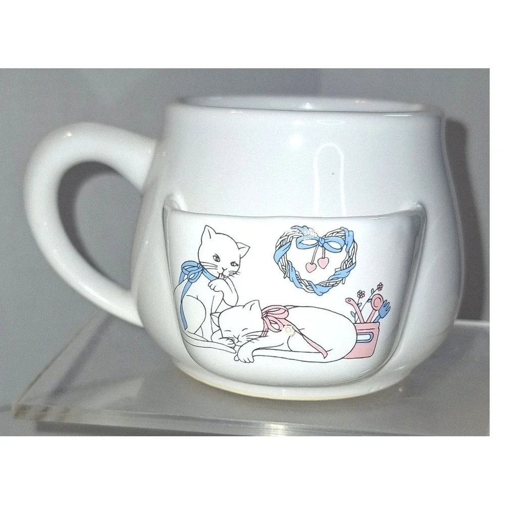 Vintage White Ceramic tea bag holder mug Cat Kitten Heart Cottagecore Tea Cup